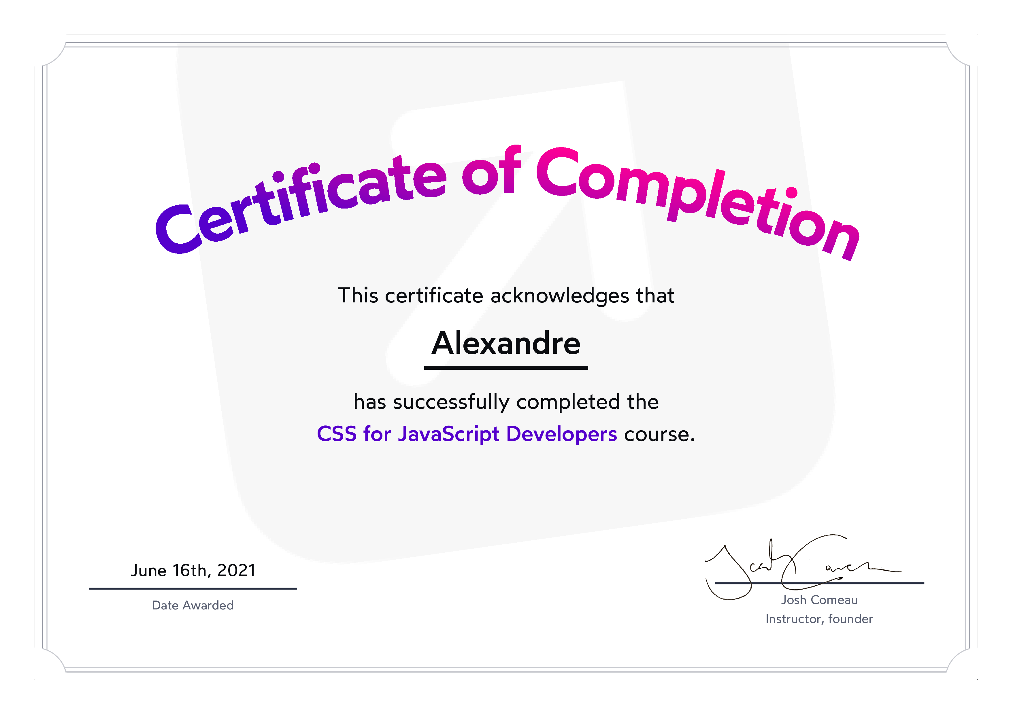 CSS for JavaScript Developers certificate